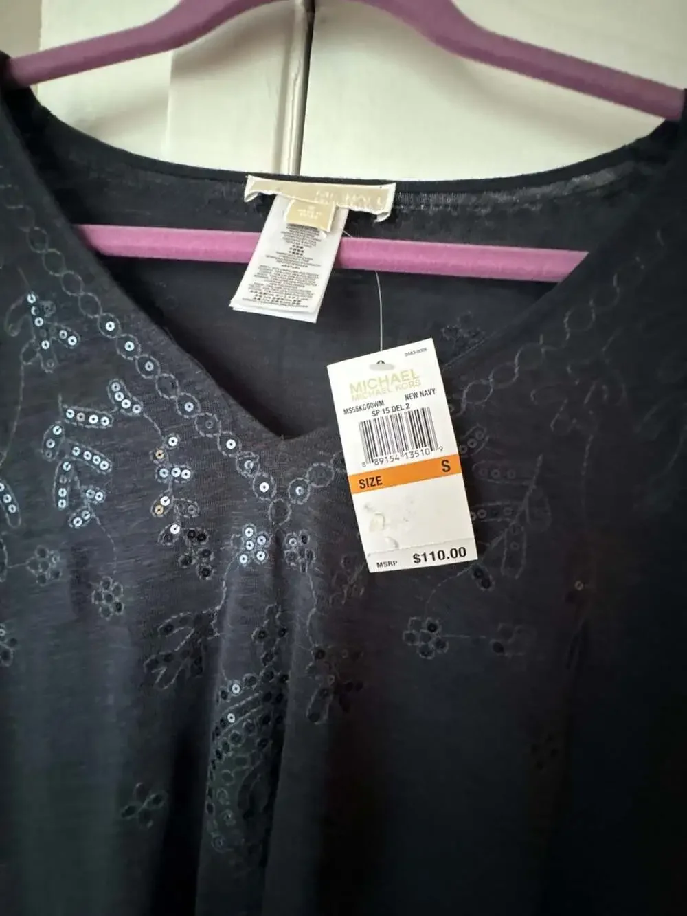 Michael Kors New Navy Embroidered Sequin V-Neck Linen Blend Caftan Top
